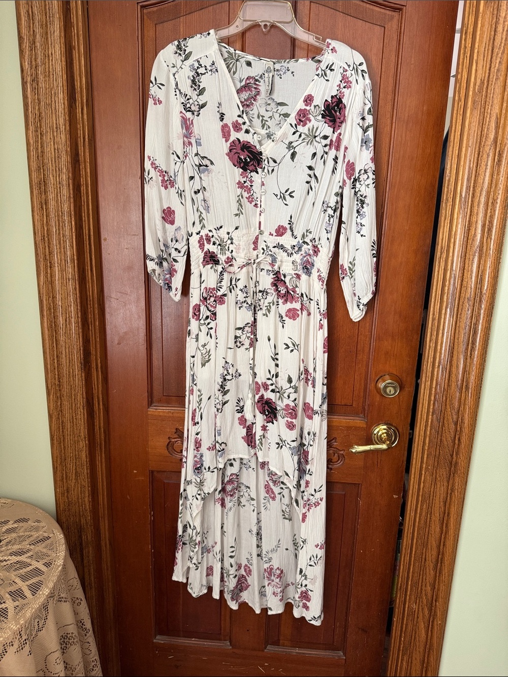 American Rag Cream High-Low Maxi Dress with Pink Floral Print